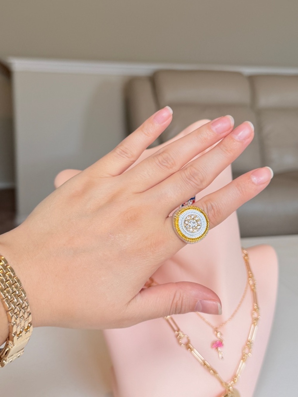 Gold and Silver Round Halo Cocktail Ring